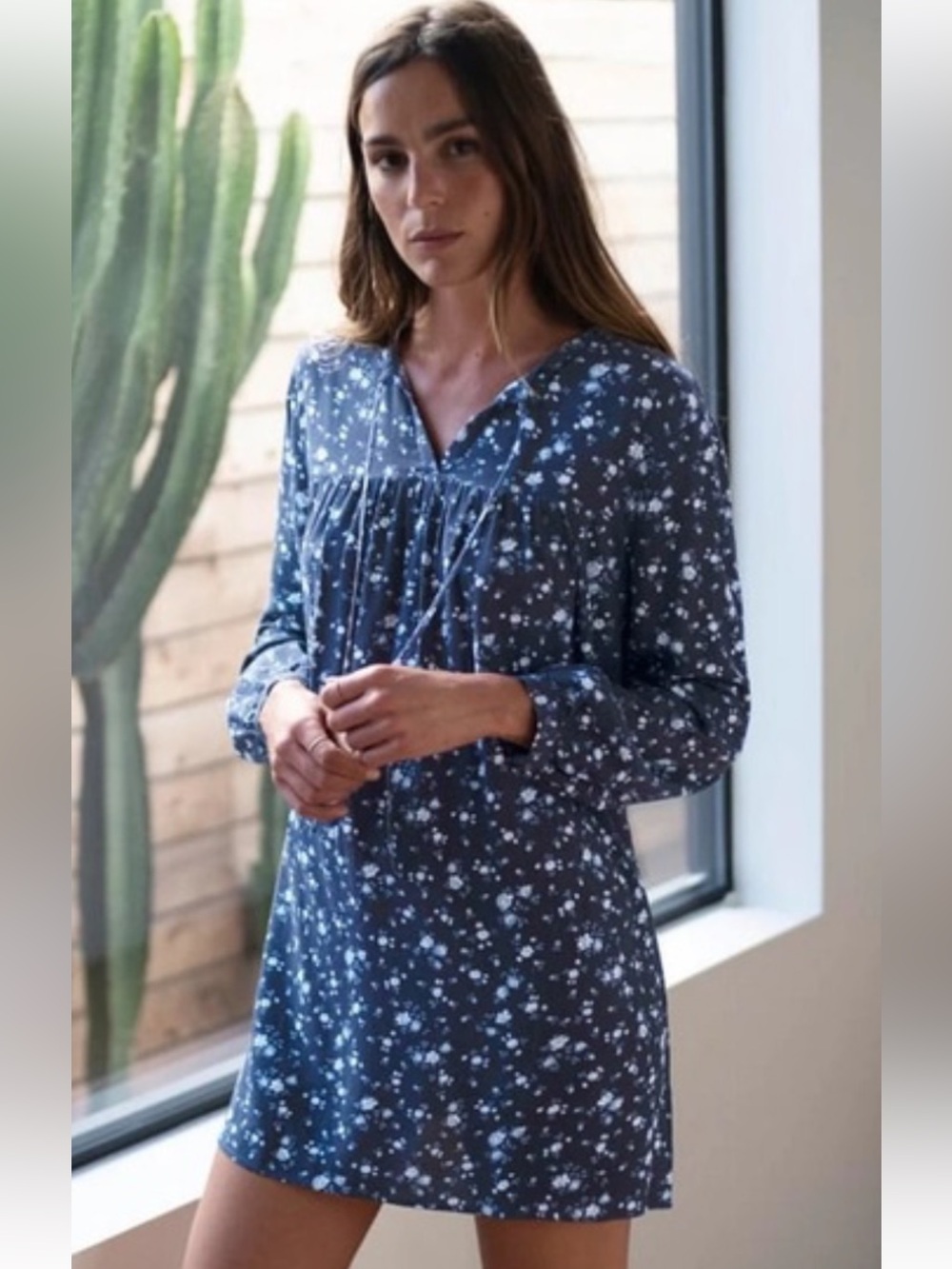 Reformation Navy blue Floral Tunic Dress with Light Blue Flowers